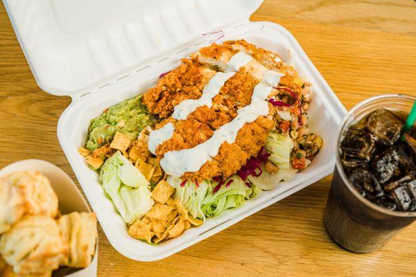 Our signature Healthy Hillbilly salad with fried chicken and homemade buttermilk ranch dressing