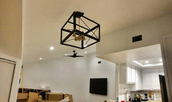 4 recessed lights in kitchen (4 inch), 6 recessed lights in living room (6 inch) with ceiling fan and chandelier installation