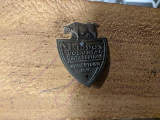 Maddox Dolonial Reproductions, Jamestown NY tag on back of middle drawer