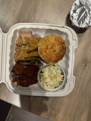 Brisket plate with included Coleslaw and separate Mac&Cheese.  Sauces pictured were Carolina top and Chicago bottom.