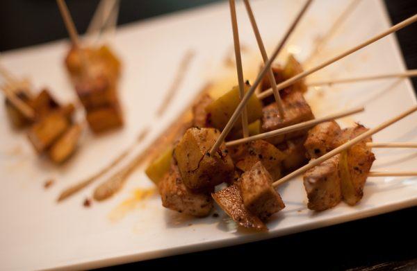 saffron swordfish and apple skewers