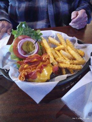 Joe's Bacon Cheeseburger with fries.