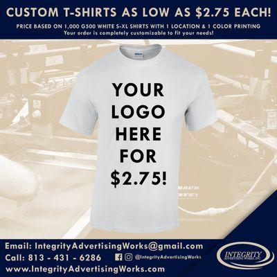 You can get screen printed t-shirts for as low as $2.75 at Integrity Advertising Works. Some conditions do apply. Call for a quote today!