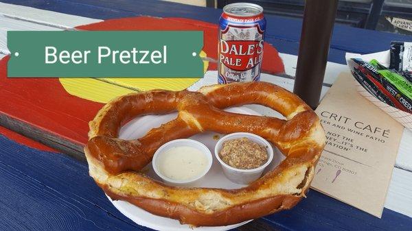 Betty Beer hot Pretzel with cheese and mustard dipping sauces