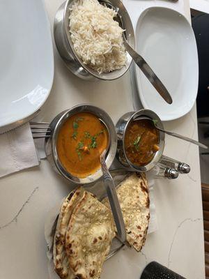 Chicken Tikka Masala, Lamb Vindaloo with Garlic Naan