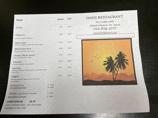 Pizza menu