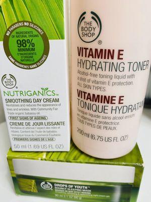 Nutriganics Smoothing Day Cream, Vitamin E Hydrating Toner and Drops of Youth Bouncy Sleeping Mask