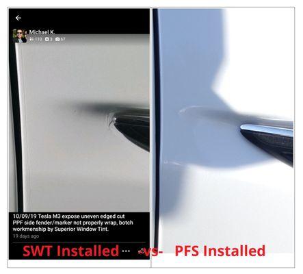 A real comparison of "Superior Window Tint-Tracy, CA" vs "Protective Film Solutions" on the same Tesla Model 3.