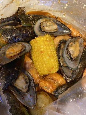 Shrimp mussels corn sausage and potato