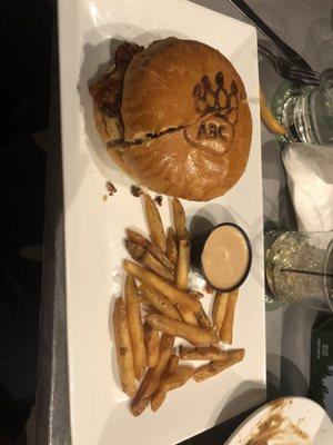 Delicious Yurt burger and my sparse side order of fries (that's how it came out. I hadn't eaten any yet). The side sauce was really good.