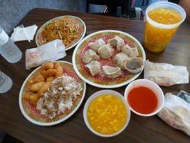 (Clockwise from top left) Lo Mein, Dumplings, Egg Drop Soup, Sweet and Sour Chicken