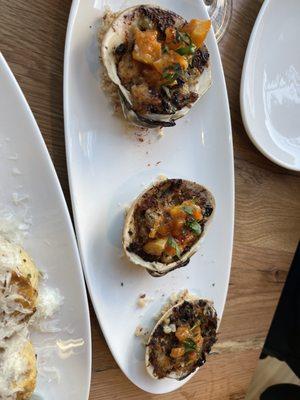 Stuffed clams, over salted