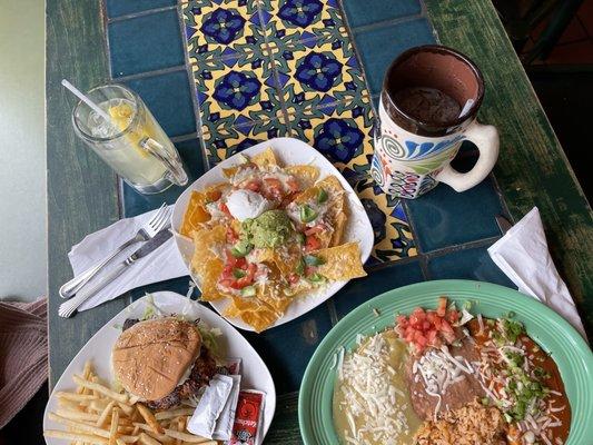 Nachos, enchiladas and sandwich