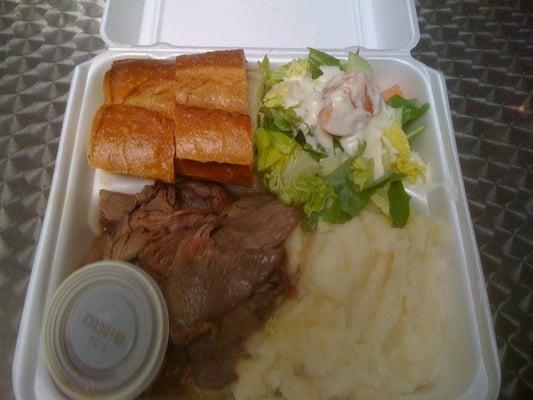 Roast beef, mashed potatoes, garli bread, and salad for $6