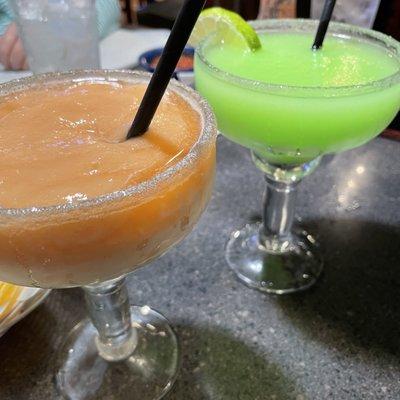 House margarita is ridiculously cheap (lime green) and the other is peach for a little more.