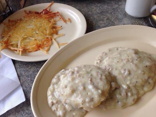 Half order of biscuits and gravy with hash browns.