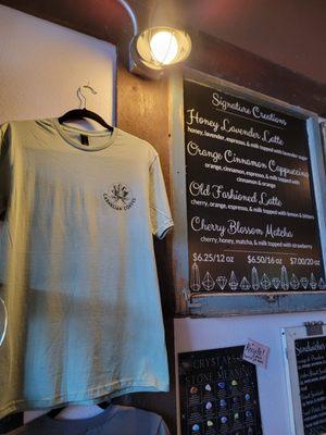 T shirt for sale and partial menu