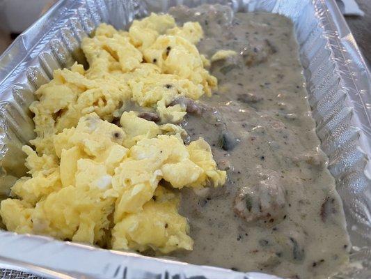 Biscuits and gravy with added scrambled eggs! This warms the body on these zero temp mornings!