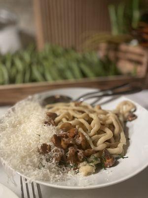 Even longer pici, with mushrooms & parmesan