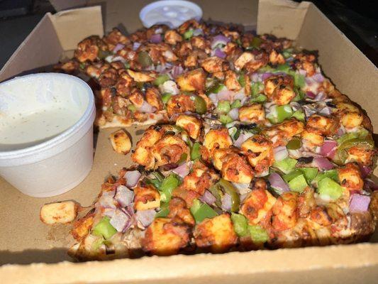 Paneer Pizza on bottom chillies Chili Chicken Pizza on top