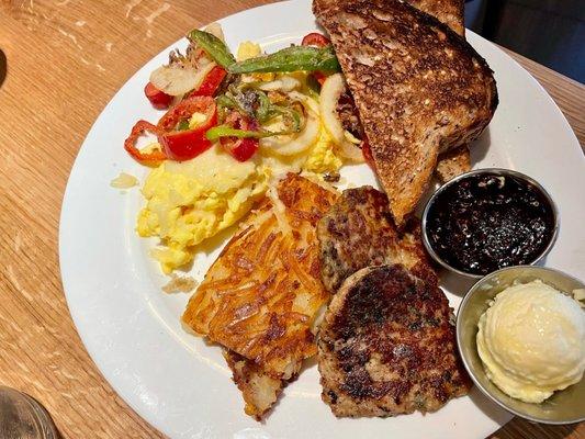 Migas Egg Scramble with Chicken sausage, and Hashbrowns