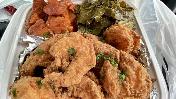 Fried Shrimp and Whiting + Candy Yams & Collard Greens.