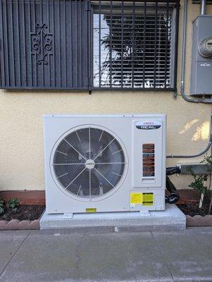 Heat Pump Front View with Vinyl mounting pad(bottom concrete slabs I set for extra height)