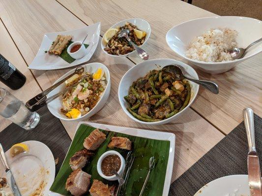 Lechon, pansit palabok, kare kare, lumpia, pork sisig, jasmine rice