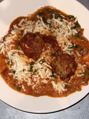 Ravioli and meatballs in vodka cream sauce