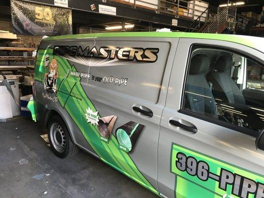 We do commercial vehicle wraps on all types of cars, trucks or buses. Happy that Pipe Masters has selected us to be their main installer.