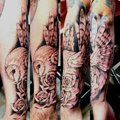 Barn owl and rose tattoo