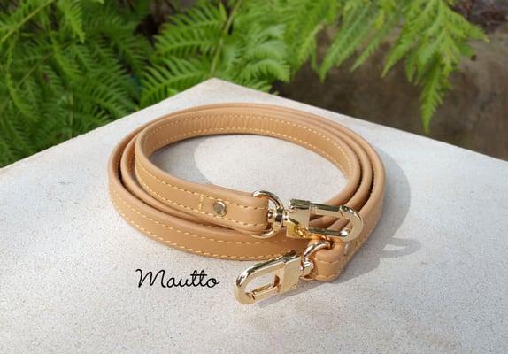 50-inch long, 1/2-inch wide, 'Camel' leather color with Yellow stitching and gold hooks.