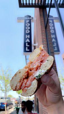 Lox served on a sea salt bagel