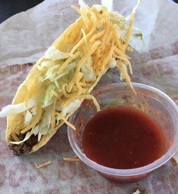 This "party" taco at slightly less cost of a regular crispy taco lacks tomatoes, which can be easily added from the condiment bar.