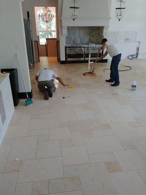 Jerusalem Limestone. Applying multiple coats "Dupont Bulletproof" penetrating sealer. (Invisible when dry)