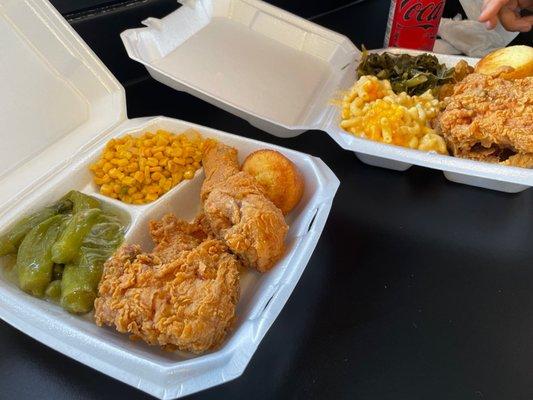 On the left: fried chicken plate, okra, corn, and cornbread