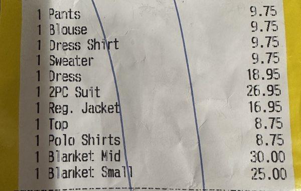 Dry cleaning price list