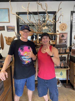 My husband has been buying Calabash koa wood visors for YEARS. And finally got to meet the artist. Way cool store