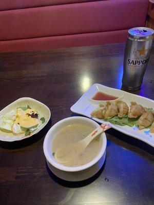 Lettuce salad, Miso Soup, and Fried Gyoza