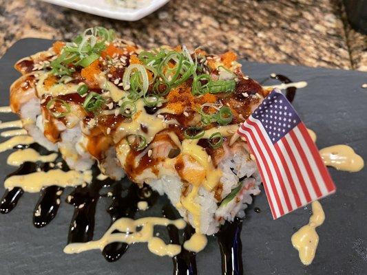 Baked Salmon Roll with a flag to help celebrate Memorial Day