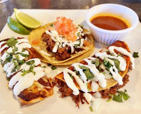 Steak taco; Quesbirria taco; Chicken enchilada