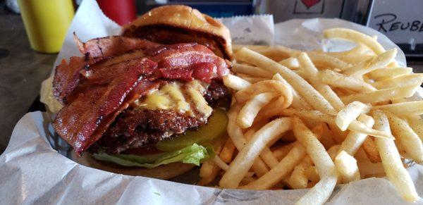 Double burger with fries add bacon.