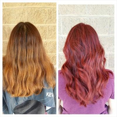 Going Red for fall before and after. Hair done by Crystal