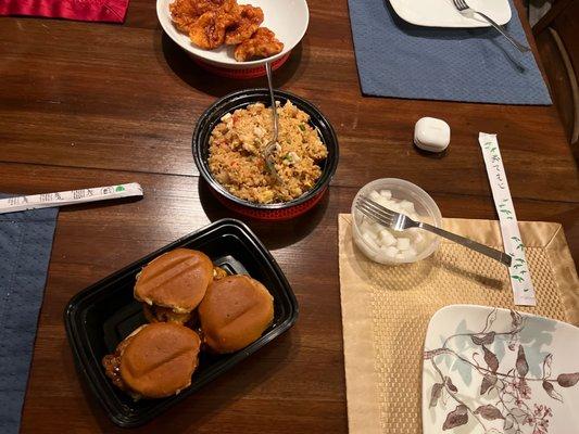 chicken sliders, chicken fried rice and radish