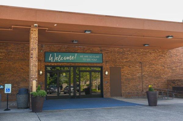 The main entrance of Crossroads Bible Church. We're happy to see you here!