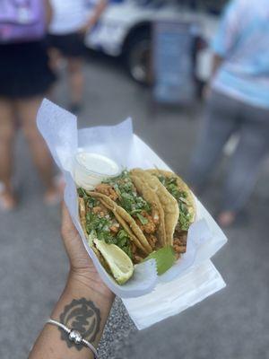 Tacos del Pollo from Auggie's Lucky Taco with a side of sour cream...they were freaking amazing!