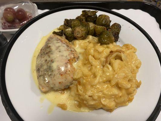 Dinner: Honey Mustard Chicken with Macaroni and Cheese and Roasted Brussels Sprouts.