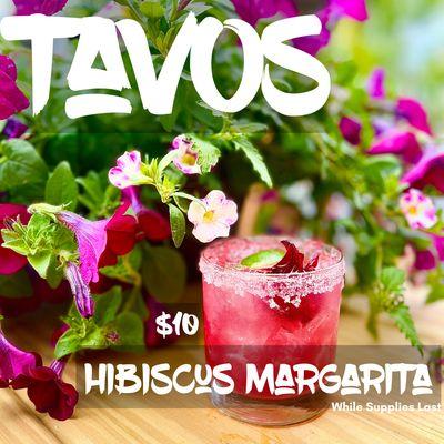 Hibiscus Margarita made with Housemade Hibiscus Flower Simple Syrup & Candied Hibiscus Flower, Sugar Rim
$10
(while supplies last)