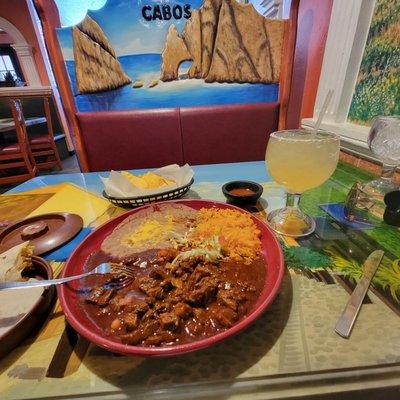 Steak Chili Colorado, Rice, Beans, Corn tortilla