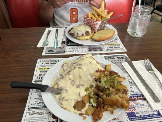 Creamed Chipped Beef Breakfast and cheeseburger with fries